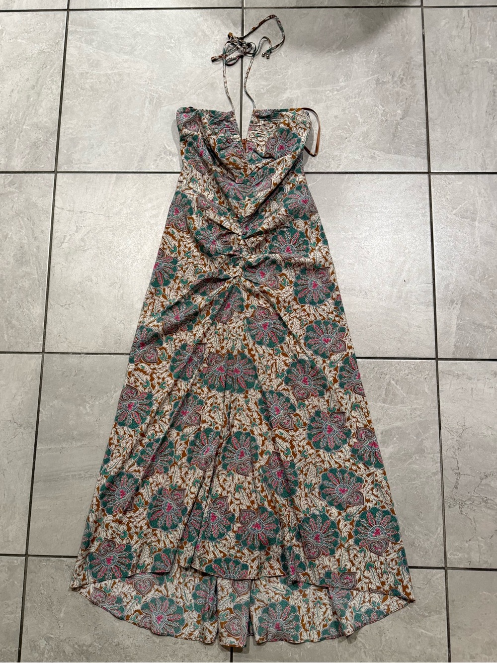 Veronica M Floral Halter Maxi Dress in Teal, Pink, and Brown